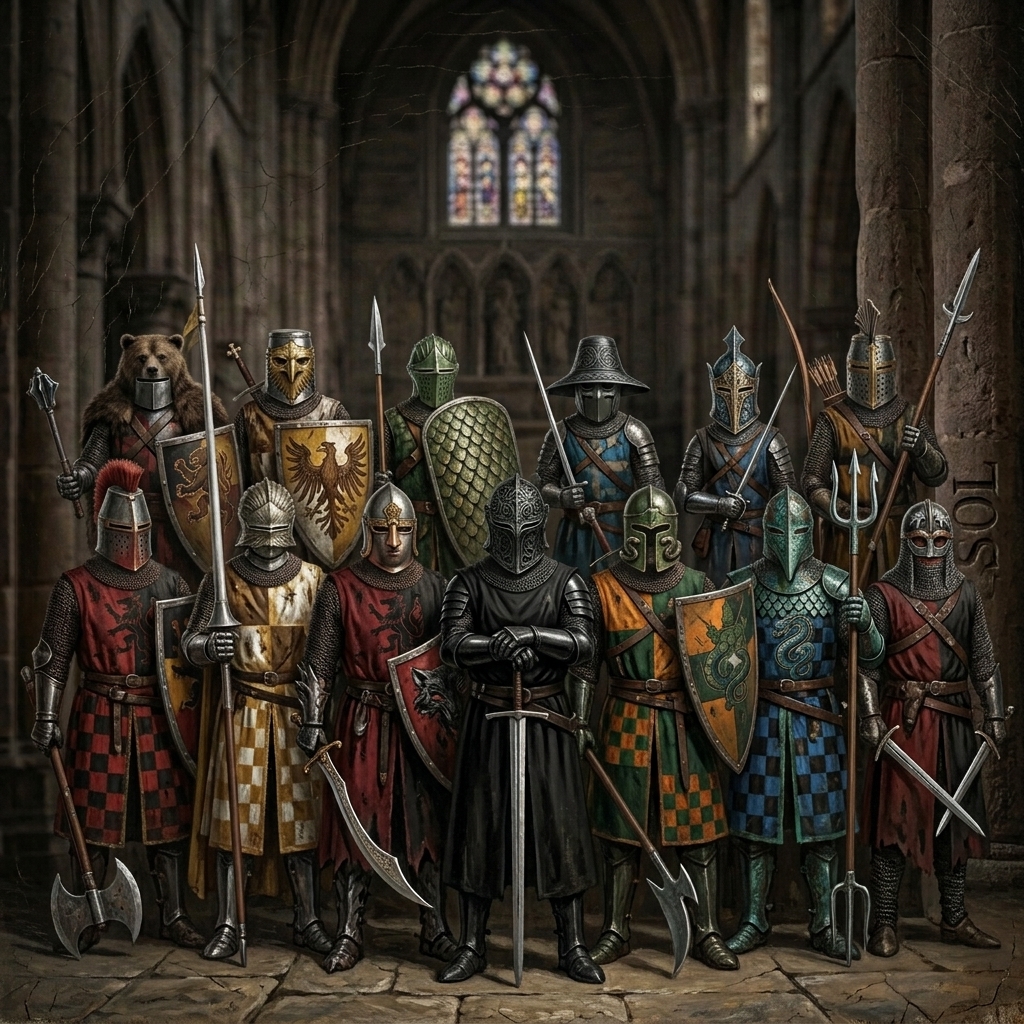 The thirteen Knights of the Round Table assembled in a cathedral hall
